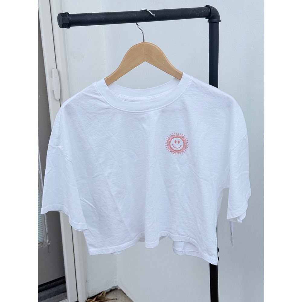 Spiritual Gangster Womens Kaylee Sun Smiley Crop Tee White Large FA40418003